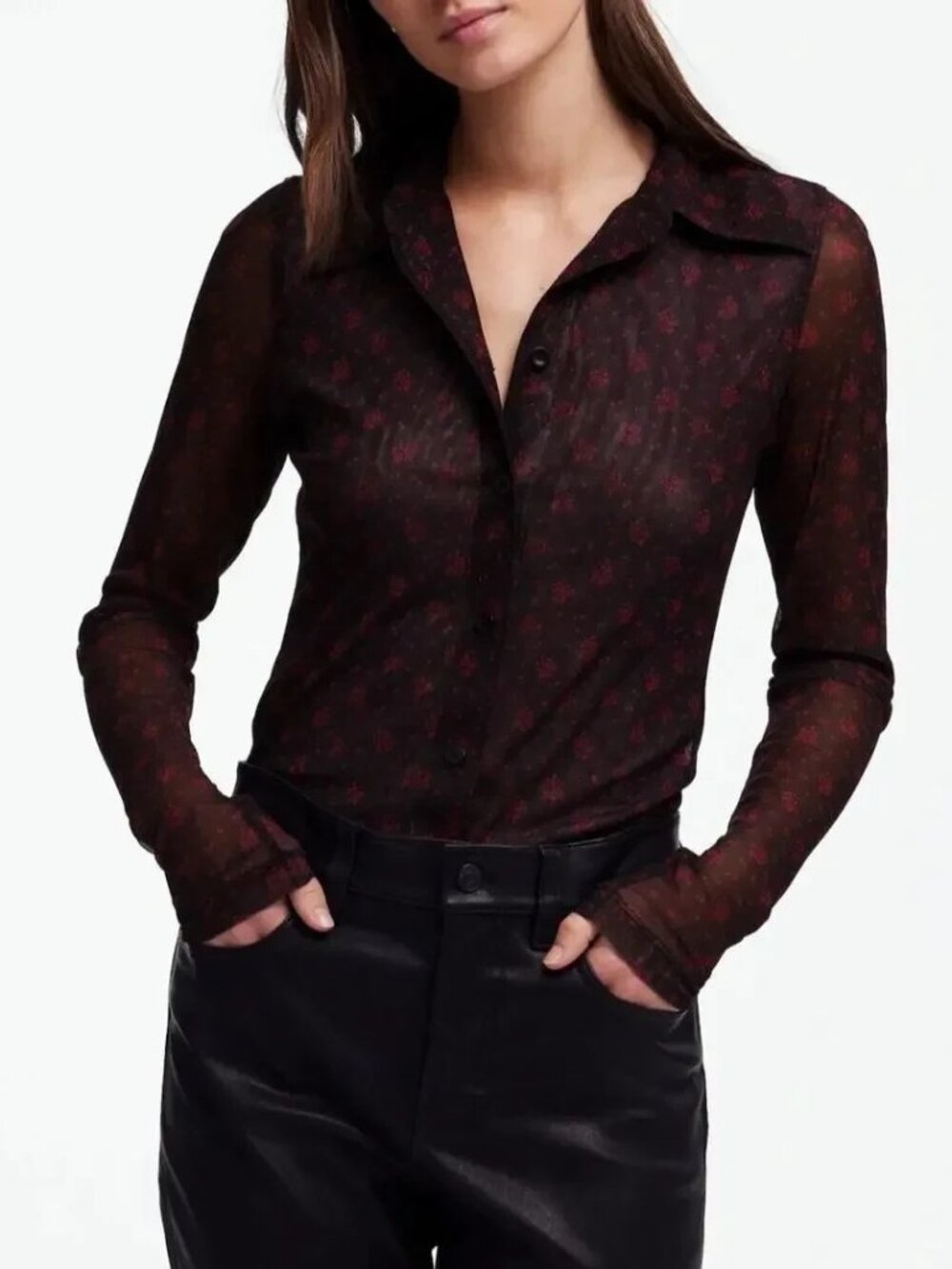 Madewell Sheer Black Mesh with Red Floral Print Button Front Blouse Size XL